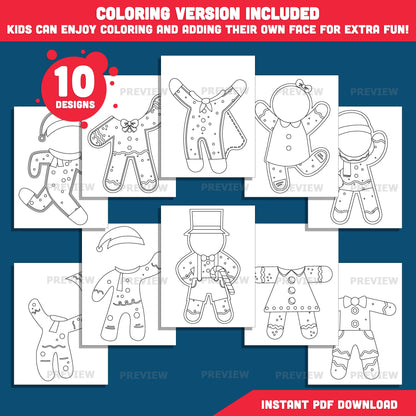 Gingerbread Man Craft Template – Add Your Photo, Winter Add-Your-Face Templates, Christmas Craft Set with Coloring Version Included, 10 High-Res PDF + PNG Body Designs