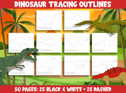 Printable Dinosaur Outline, 25 Blank (Black & White) + 25 Dashed Tracing Outlines Clipart Set, Template / Coloring Sheet for All Grades.