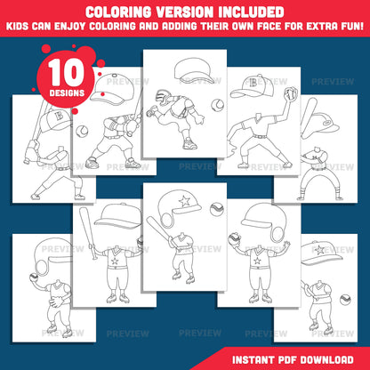 Baseball Player Body Templates, Add Your Own Face Craft for Kids, Baseball Photo Insert Activity, 20 Designs Light & Dark Skin Tone, Coloring Version Included