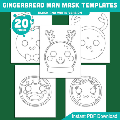 Printable Gingerbread Man Mask Templates: Holiday Craft for Kids, 10 Designs, Pre-Colored + Black and White, Perfect for School Plays, Parties, or Home Fun, PDF