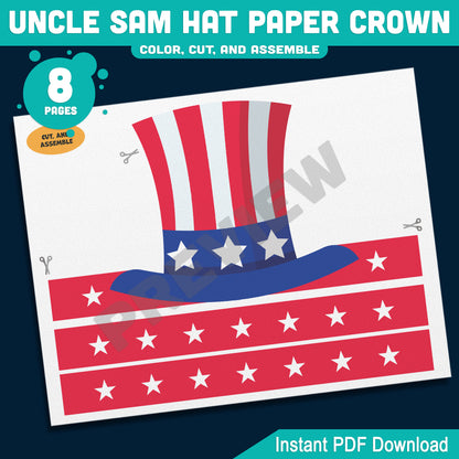 Uncle Sam Paper Hat Crown – Fun USA Patriotic Headband for Preschool & Kindergarten, Party Craft for July 4th or Veterans Day, PDF Download