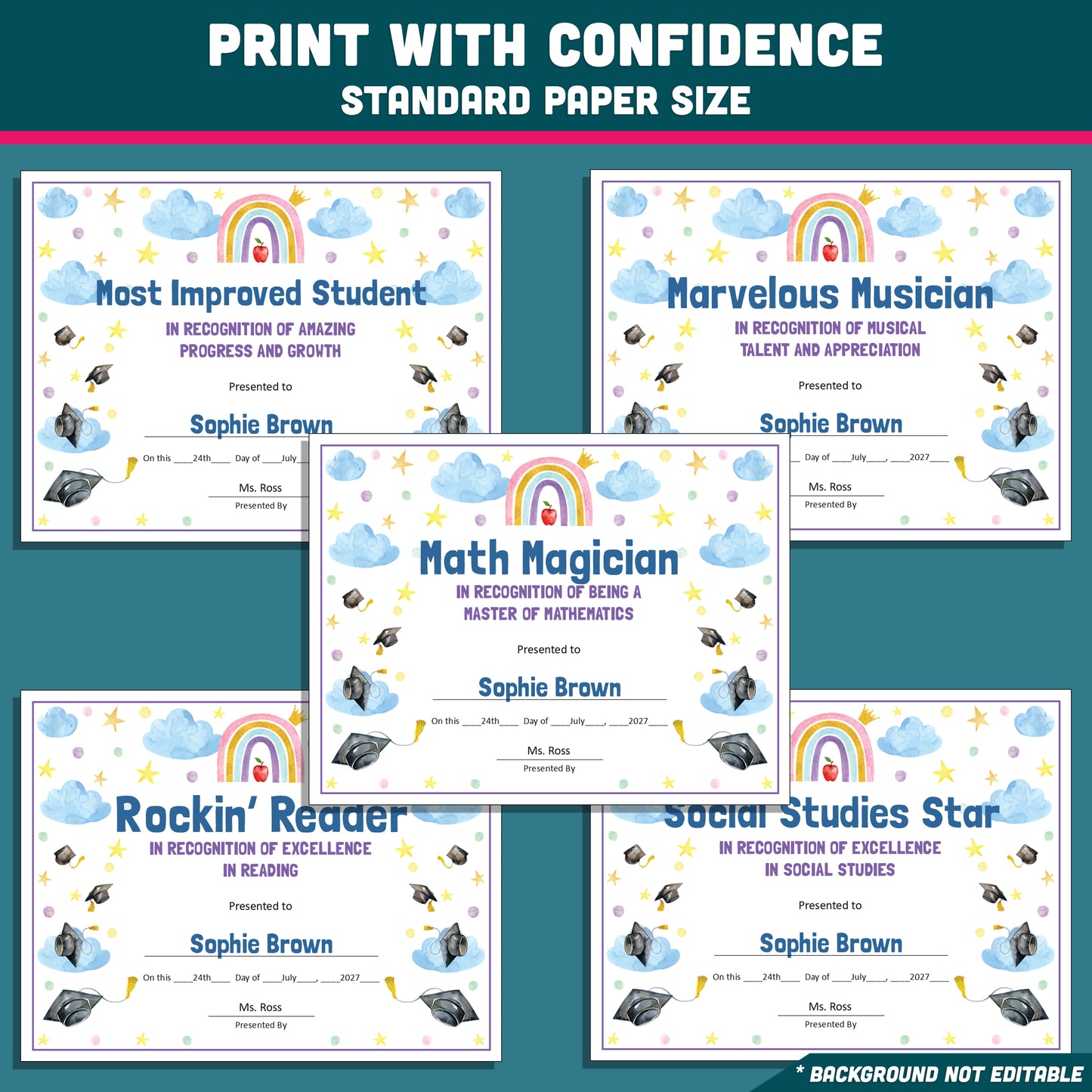 Kindergarten End-of-Year Awards, Personalized Recognition Set, 26 Customizable Diplomas and Certificates, PowerPoint, Printable