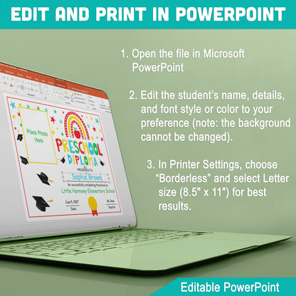 Editable Preschool Graduation Diploma & Certificate Set, Printable Awards with Student Photo Option, Rainbow Stars Theme, Edit in PDF, PowerPoint, Canva