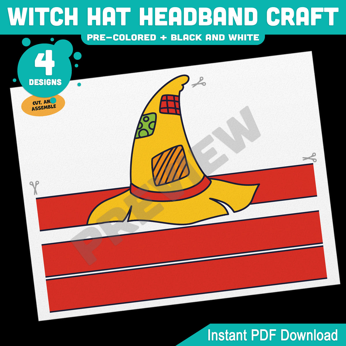 Witch Hat Headband & Crown Craft, Halloween Craft Templates for Kids, Paper Witch Hat, Pre-Colored + Black & White Printable Activity