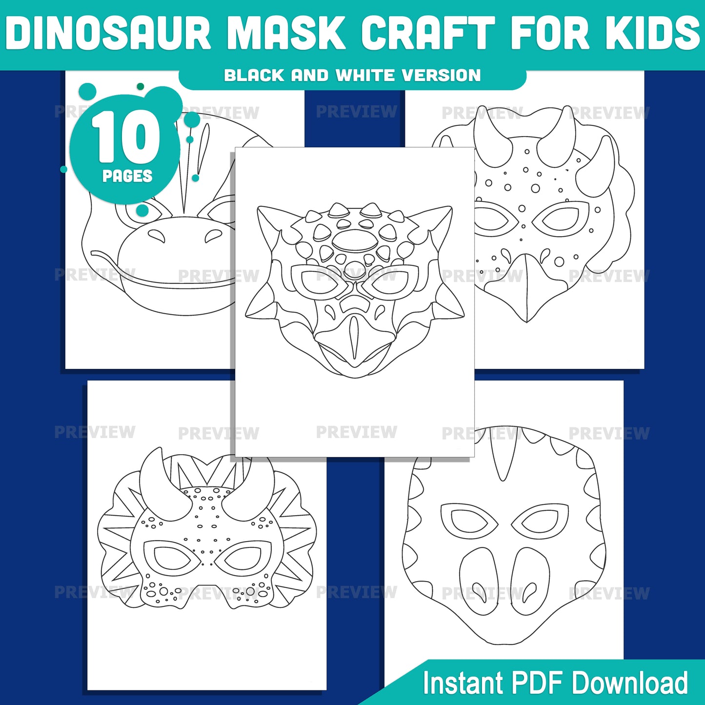 Dinosaur Face Coverings Printable, Prehistoric Character Outlines, Toddler Role Play Resource, Early Learning Craft Center, 10 Designs, Precolored Black and White, 8.5 x 11, Instant PDF Download