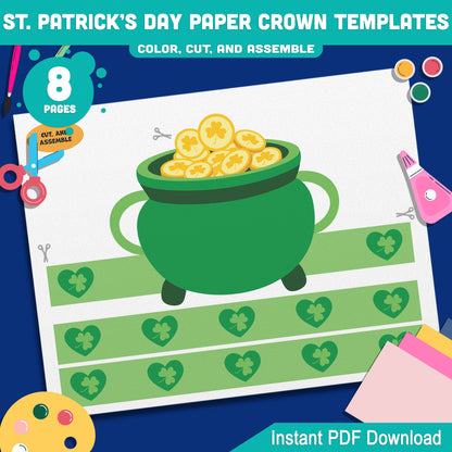 St. Patrick’s Day Paper Crown Templates – Wearable Craft for Kids, Lucky Shamrock Headband, Leprechaun Classroom Hat, Pre-color + Black & White