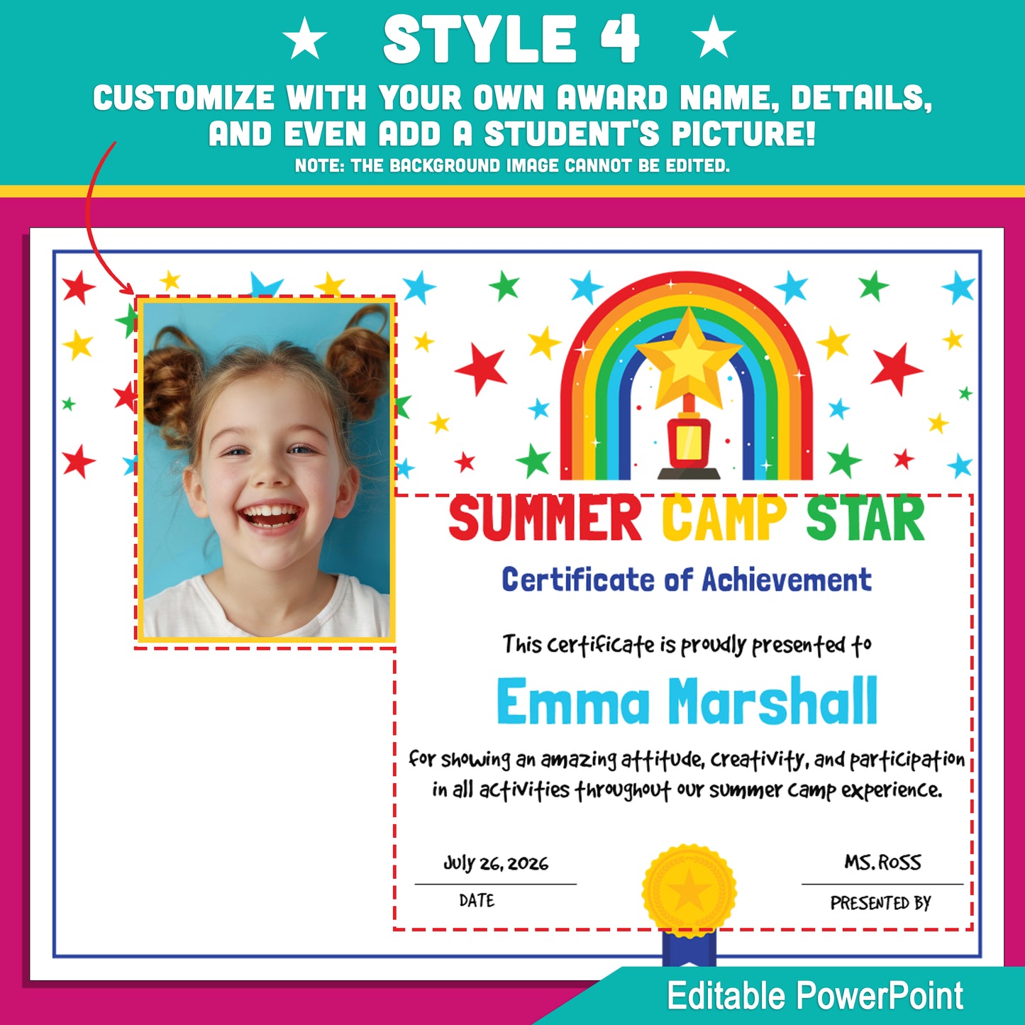 Summer Camp Star Certificates – Editable Awards with Photo Area, 4 Fun Versions for All Summer Activities, 8.5x11", PowerPoint