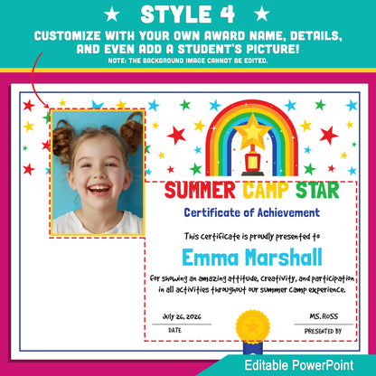 Summer Camp Star Certificates – Editable Awards with Photo Area, 4 Fun Versions for All Summer Activities, 8.5x11", PowerPoint