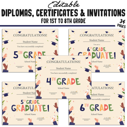 34 Editable/Printable First Grade Diplomas, 1st-8th Grade Certificates, Diplomas & Invitation Templates, Graduation-Themed, PDF