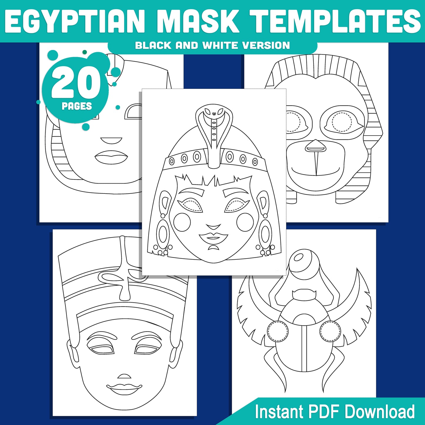 Egyptian Mask Templates for Kids: Printable Pharaoh, Anubis, Cleopatra & More Masks, Pre-Colored & Black and White, Fun PDF Craft Activity