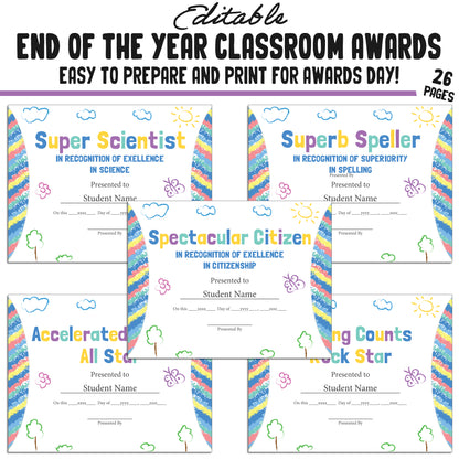 Editable End of Year Awards for Students, 26 Pages, PDF, Instant Download – Perfect for Classroom and Student Achievements