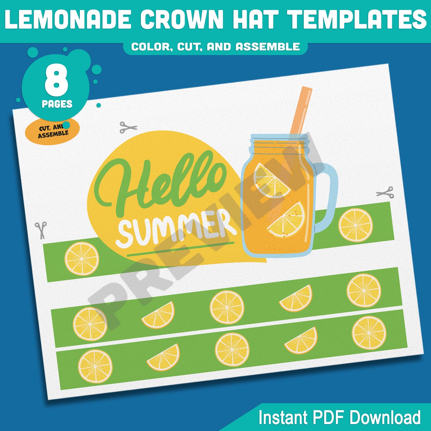Lemonade Crown Hat Templates – Printable Summer Headband Craft for Kids, 8 Pages with Coloring Option, Instant PDF Download