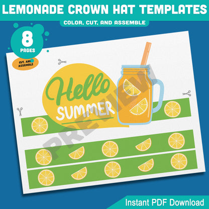 Lemonade Crown Hat Templates – Printable Summer Headband Craft for Kids, 8 Pages with Coloring Option, Instant PDF Download