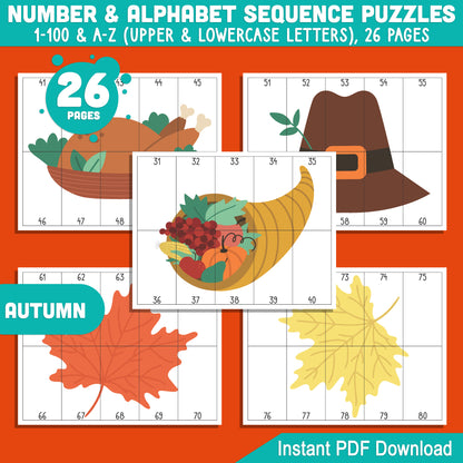 Autumn-Themed Sequence Puzzles: Numbers 1-100 & Alphabet A-Z for Early Learners, Perfect for Math Centers