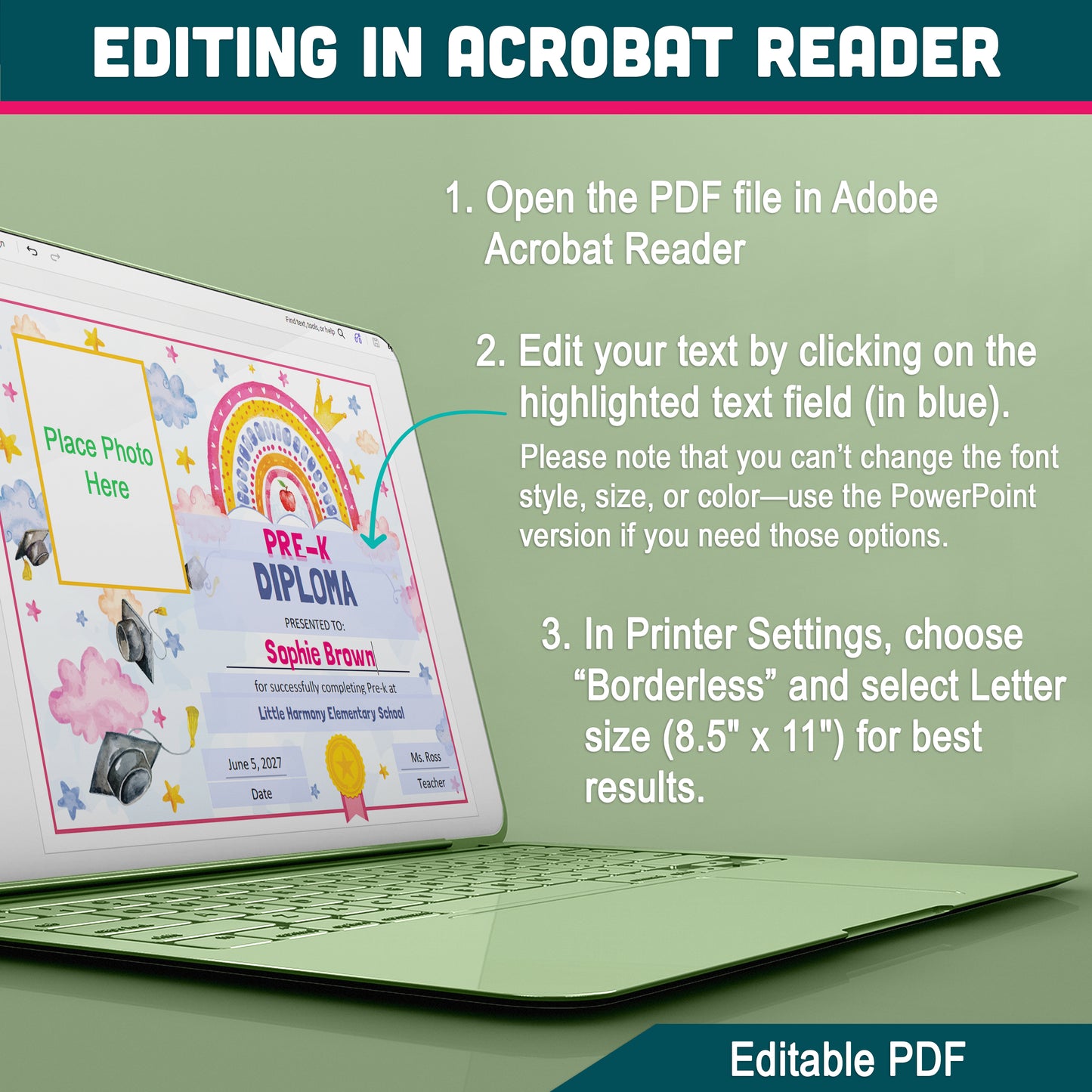 Pre-K Graduation Certificates, Watercolor Rainbow Awards for Moving Up Celebration, Editable Printable Pre-K Set with Photo or No Photo, PDF PowerPoint