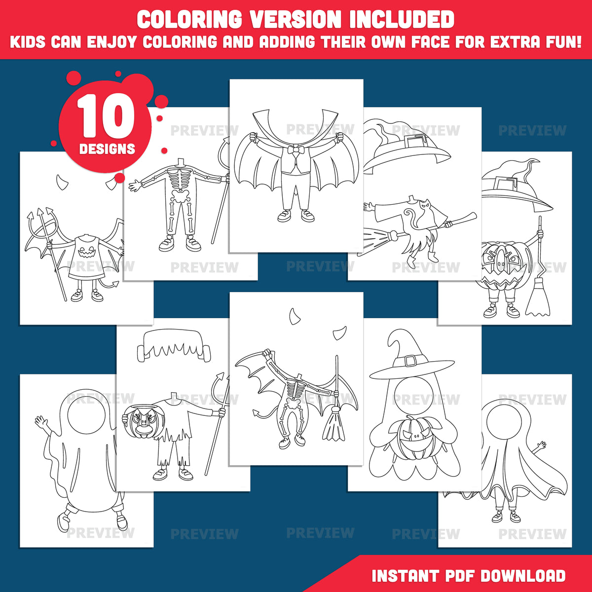 Halloween Body Templates, Face-Inspired Paper Craft, Fall Season Activity, 10 Designs, Light & Dark Skin, High-Resolution PDF + PNG, Coloring Included