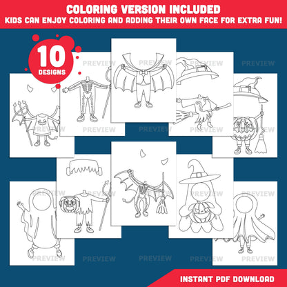 Halloween Body Templates, Face-Inspired Paper Craft, Fall Season Activity, 10 Designs, Light & Dark Skin, High-Resolution PDF + PNG, Coloring Included