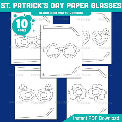 St Patrick’s Day Paper Glasses Printable Activity, Shamrock Glasses Craft, 10 Designs, Pre-Colored and Black & White, Instant Download for Classroom