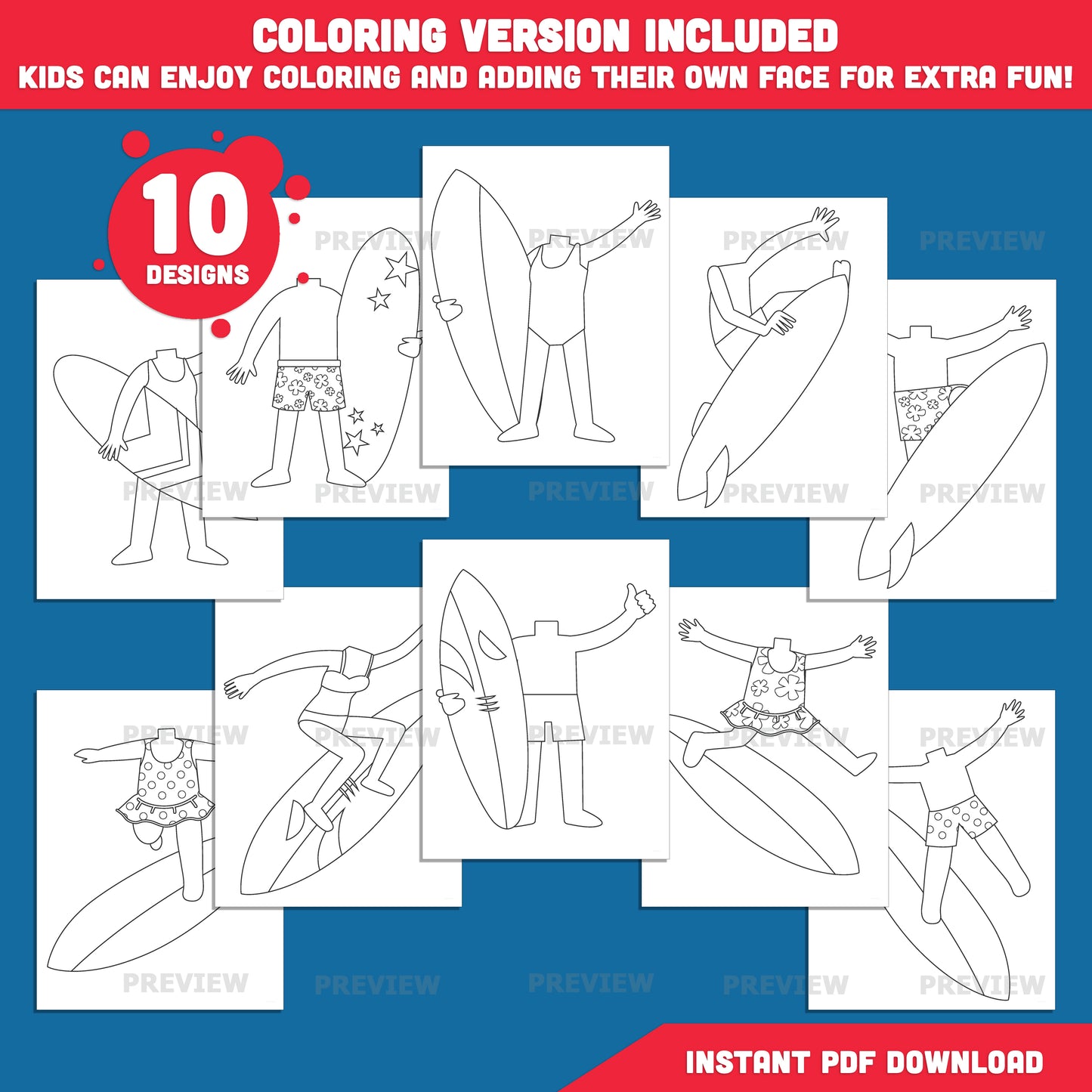 Add Your Own Face Surfer Craft for Kids, Surfer Body Templates, Summer Cut and Paste Activity, Surfing Photo Craft, Bulletin Board Display, Coloring Included