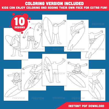 Add Your Own Face Surfer Craft for Kids, Surfer Body Templates, Summer Cut and Paste Activity, Surfing Photo Craft, Bulletin Board Display, Coloring Included