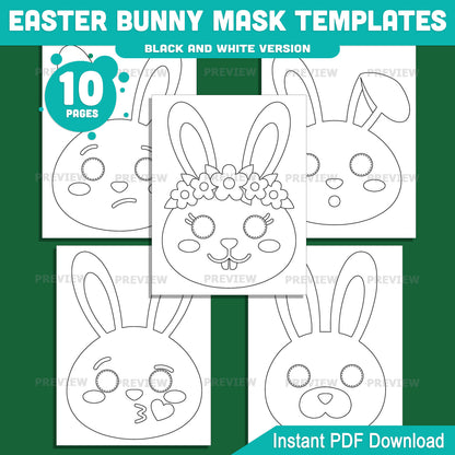 Easter Bunny Mask Templates – Printable Rabbit Mask Craft for Kids, Thick Line Art, Pre-Colored & Black and White, 20 Pages, PDF