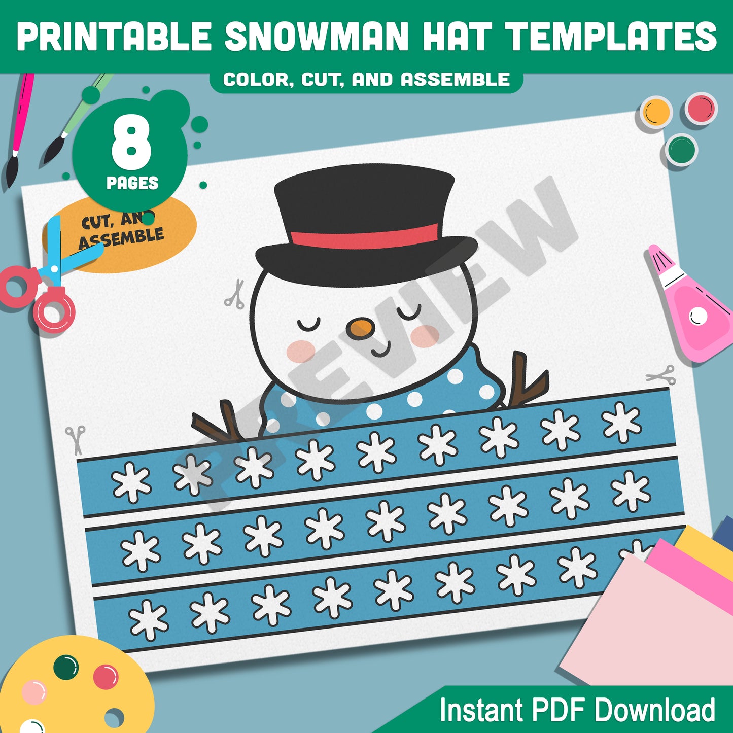 Christmas Snowman Hat Templates: Festive Craft for Kids with 4 Adorable Designs in Color and Black-and-White, Ready-to-Print PDF File.