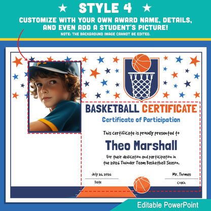 Editable Basketball Certificates | 4 Styles with Photo Options | Youth Team Awards, Player Recognition - 8.5x11 PowerPoint Instant Download