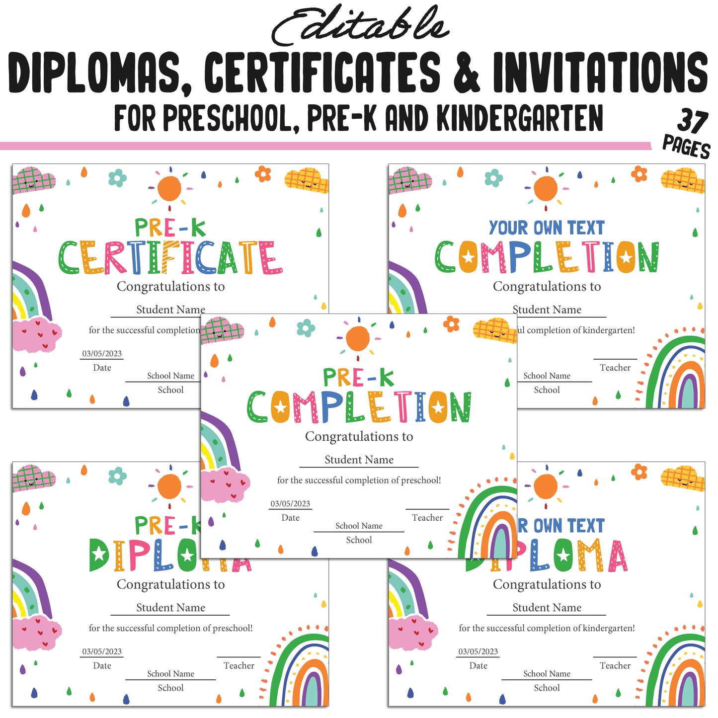 37 Editable Printable Pre-K, Kindergarten, and Preschool Diploma and Invitation Templates (PDF) - Instant Download