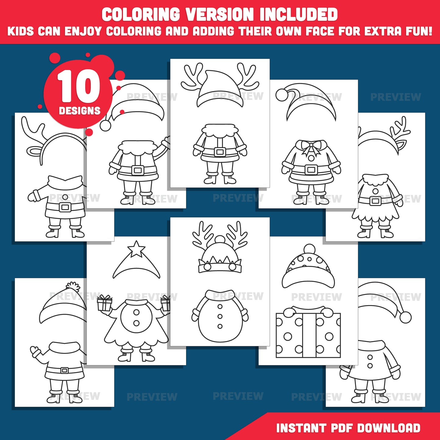 Christmas Costume Add-Your-Face Templates – Winter Body Templates, 10 Designs, Coloring Version Included, High-resolution PDF + PNG Files for Classroom Displays, Home Activities, and Parties