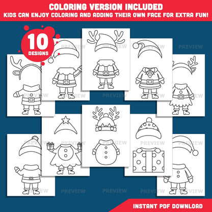 Christmas Costume Add-Your-Face Templates – Winter Body Templates, 10 Designs, Coloring Version Included, High-resolution PDF + PNG Files for Classroom Displays, Home Activities, and Parties