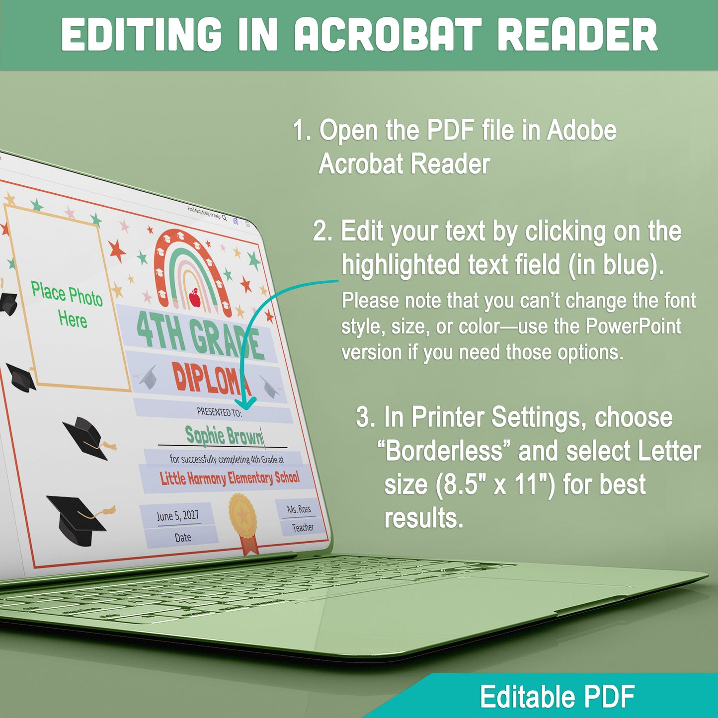 Editable 4th Grade Graduation Diploma & Certificate Set, Retro Rainbow Stars Theme, 8.5x11 Awards, Photo and No-Photo Options, PDF, PowerPoint