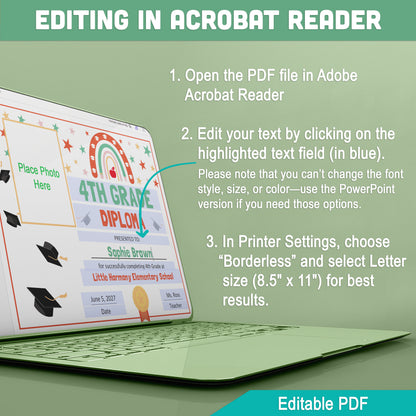 Editable 4th Grade Graduation Diploma & Certificate Set, Retro Rainbow Stars Theme, 8.5x11 Awards, Photo and No-Photo Options, PDF, PowerPoint