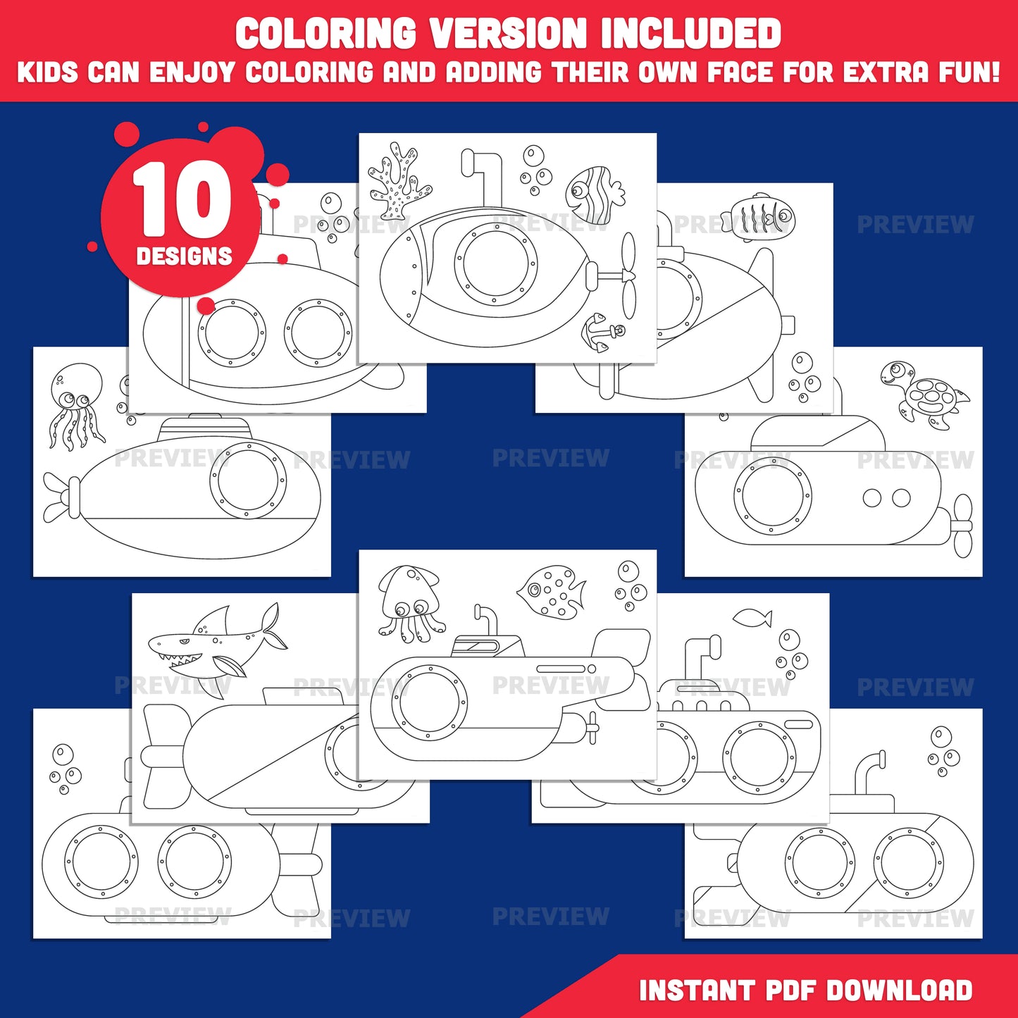 Submarine Add Your Own Face Craft for Kids, Submarine Photo Cutout Templates, Summer Ocean Activity, Transparent PNG Files, Coloring Pages
