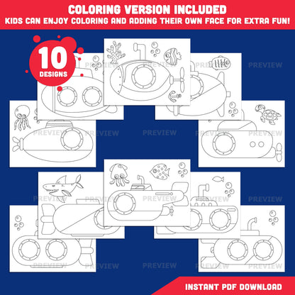 Submarine Add Your Own Face Craft for Kids, Submarine Photo Cutout Templates, Summer Ocean Activity, Transparent PNG Files, Coloring Pages