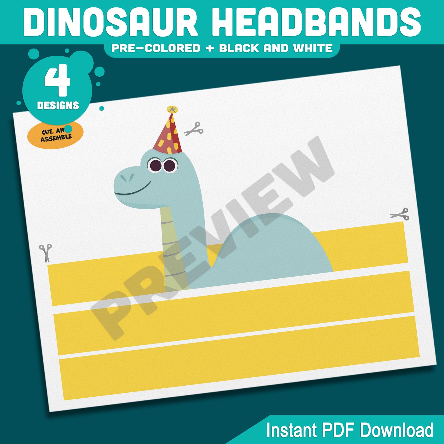 Dinosaur Birthday Headbands, Printable Paper Crowns, Color Your Own Party Hats, Wearable Dinosaur Craft, 4 Designs, US Letter, A4