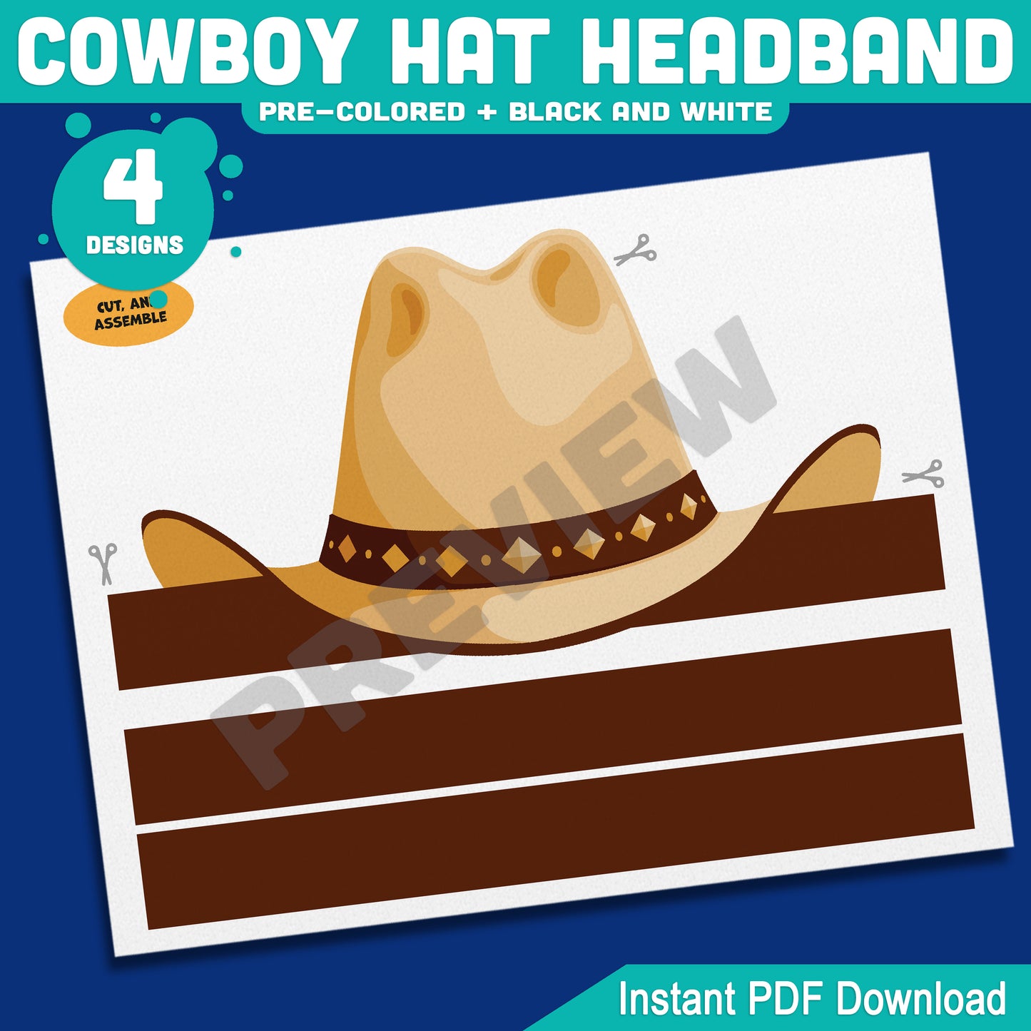 Cowboy Hat Headband Craft, Wild West Paper Crown Template, Wearable Cowgirl & Cowboy Coloring Activity, Summer Fun Printable