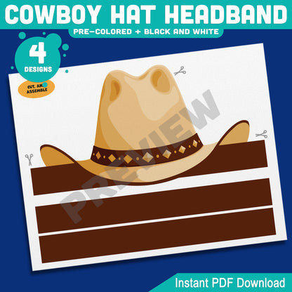 Cowboy Hat Headband Craft, Wild West Paper Crown Template, Wearable Cowgirl & Cowboy Coloring Activity, Summer Fun Printable