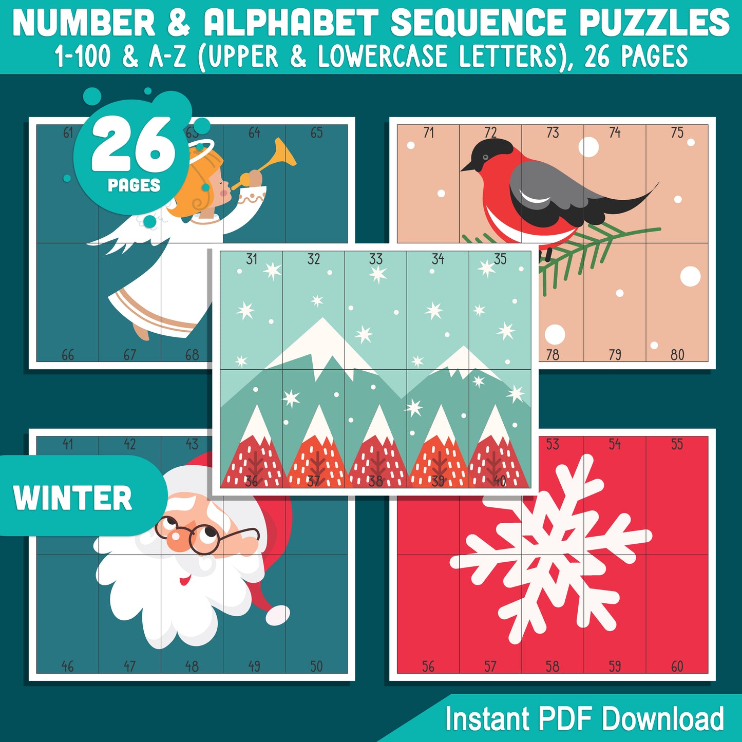 Festive Christmas and Winter Holiday Puzzles: Number 1-100 and Alphabet A-Z Activities for Kids, Ideal for Preschool Math Centers, Printable PDF Download