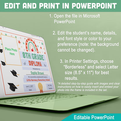 Editable 8th Grade Graduation Diploma & Certificate Set, Retro Rainbow Stars Theme, 8.5x11 Awards, Photo and No-Photo Options, PDF, PowerPoint