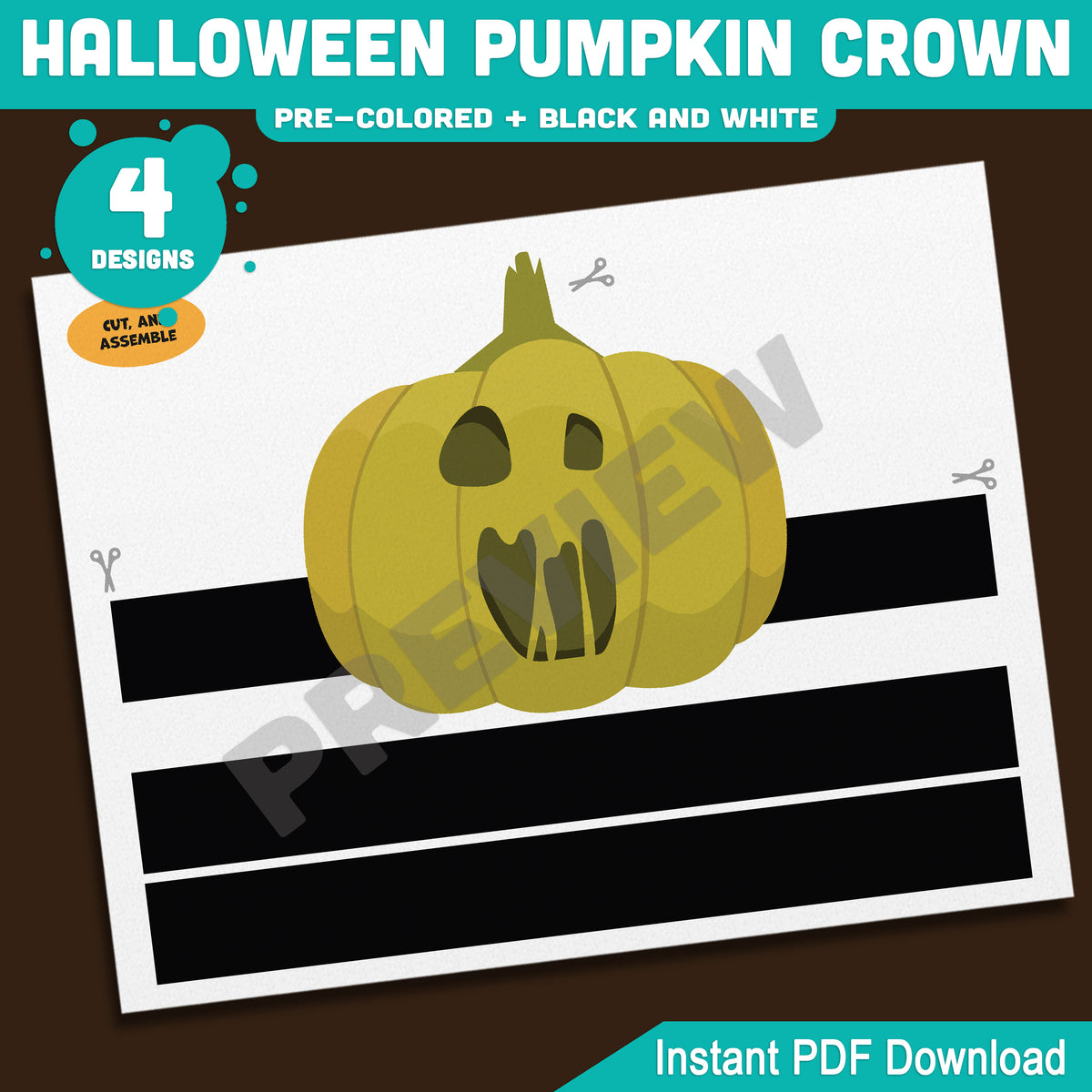 Halloween Pumpkin Crown, Printable Pumpkin Headband, Paper Hat Craft, Pre-Colored and Black & White, 4 Designs, Halloween Activity, A4, US Letter