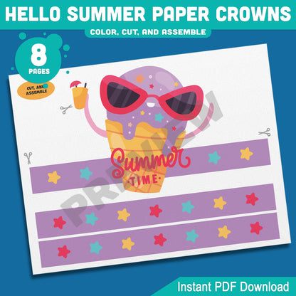 Hello Summer Paper Crown Craft for Kids – Beach Headbands in 4 Designs, Color and Black & White Printable Hats, Instant PDF, 8 Pages