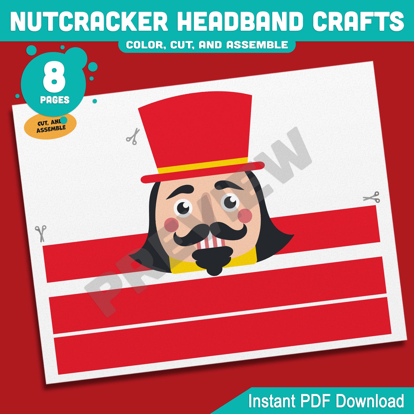 Printable Nutcracker Headband Crafts, Christmas Hat and Paper Crown Activity, Cut, Color & Assemble, Holiday Craft for Kids, 4 Fun Designs, Pre-color + Black & White PDF