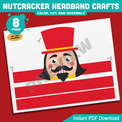 Printable Nutcracker Headband Crafts, Christmas Hat and Paper Crown Activity, Cut, Color & Assemble, Holiday Craft for Kids, 4 Fun Designs, Pre-color + Black & White PDF