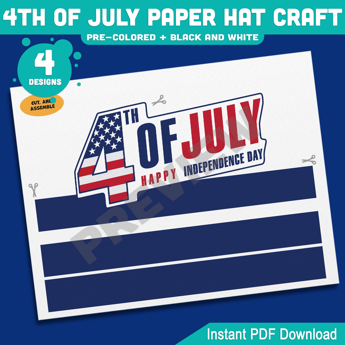 4th of July Paper Hat Craft, Patriotic Wearable Craft Activity for Kids, Printable Independence Day Party Hat Templates