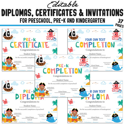 Printable / Editable Kindergarten, Pre-K, Preschool Completion Certificates, Diplomas & Invitations, PDF Files, Instant Download