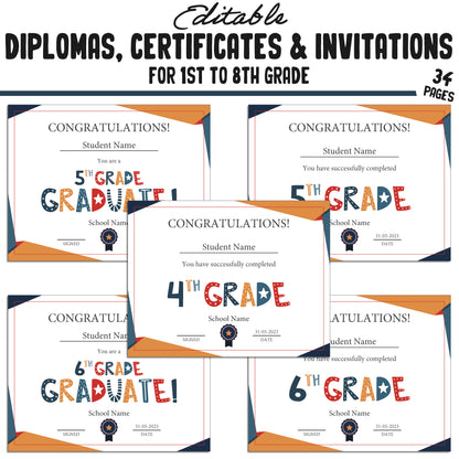 Printable 4th Grade Diplomas, Editable Certificates for 1st-8th Grades & Invitation Templates in a Flat Design, 34 Pages, Instant Download