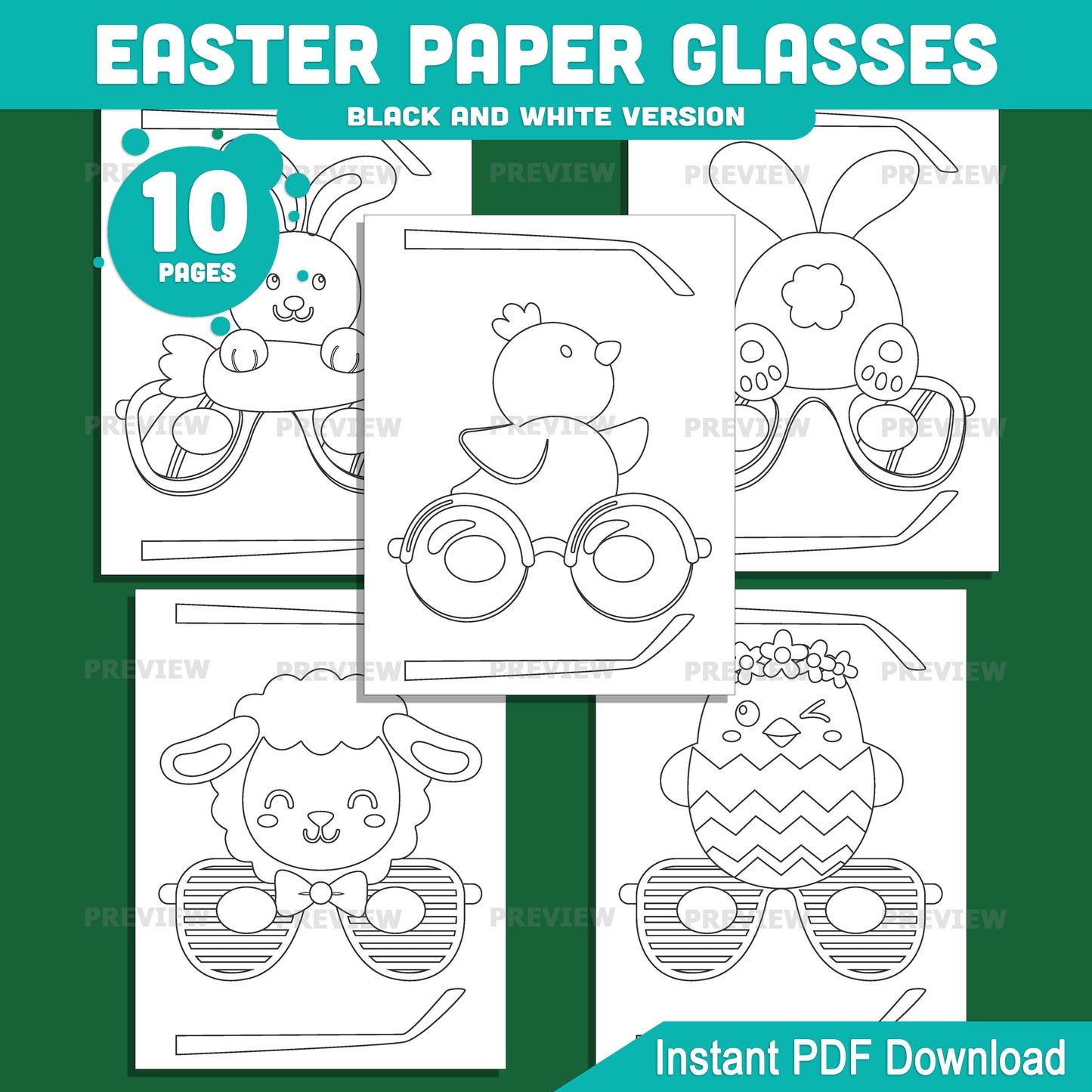 Easter Paper Glasses Printable, Bunny Lamb Egg Spring Craft Template, 10 Printable Glasses Designs, Pre-Colored and Black White Activity