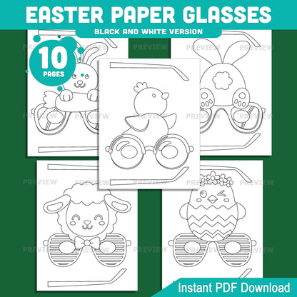 Easter Paper Glasses Printable, Bunny Lamb Egg Spring Craft Template, 10 Printable Glasses Designs, Pre-Colored and Black White Activity