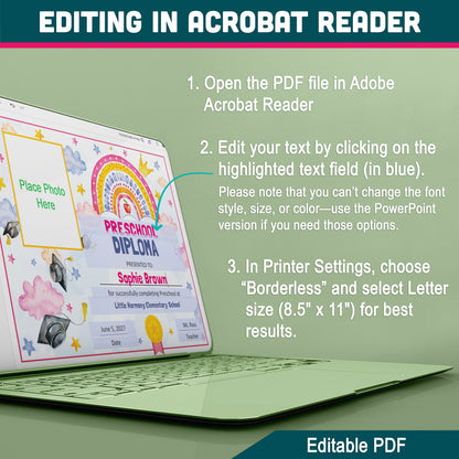 Preschool Graduation Certificate, Printable Rainbow Awards for End of School Year Celebration, Editable Preschool Keepsake Set Photo and No Photo, PDF PowerPoint