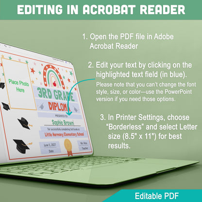 Editable 3rd Grade Graduation Diploma & Certificate Set, Retro Rainbow Stars Theme, 8.5x11 Awards, Photo and No-Photo Options, PDF, PowerPoint